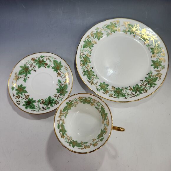 Shelley China Trio Gold Grape Vine #13616C Green Lunch Plate Tea Cup Saucer Set - Picture 8 of 10